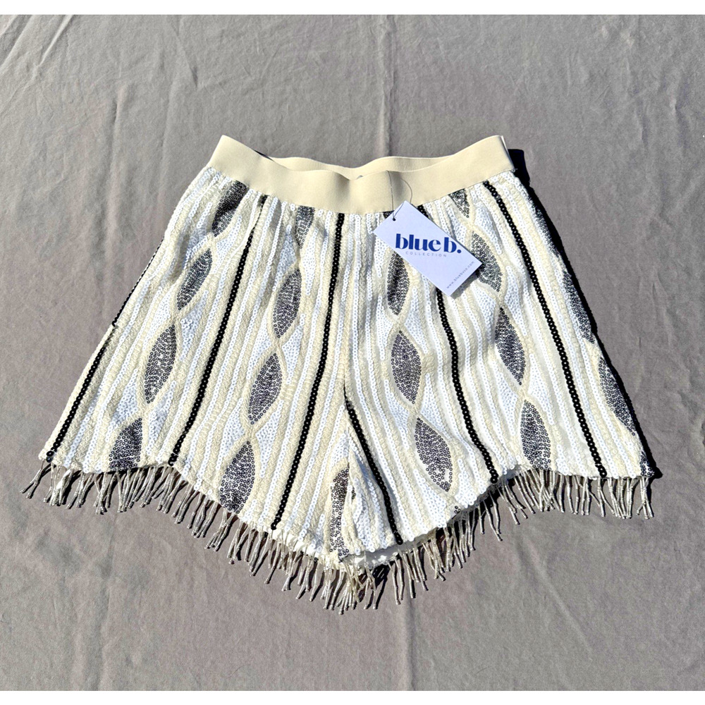 Blue B Collection Cream Beaded Sequin Boho Shorts Womens Medium Festival NWT